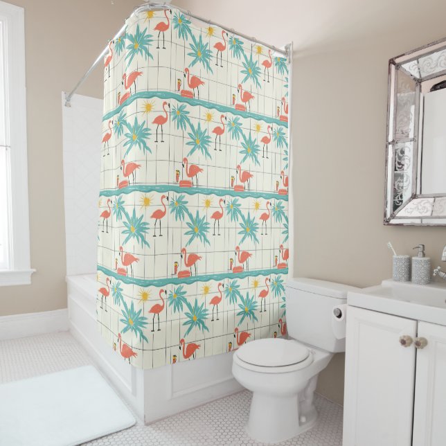 Rideaux De Douche Retro Flamingo Poolside Summer Pattern (2) (En situation)