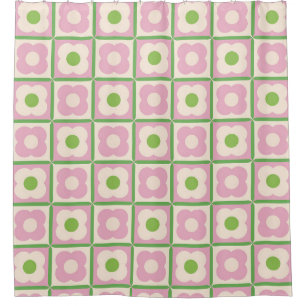Rideaux De Douche Retro Floral Checker Motif rose et vert