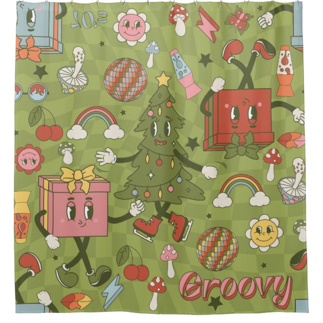 Rideaux De Douche retro groovy 1970 disco christmas tree green check (Devant)