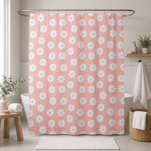 Rideaux De Douche Rétro Groovy Daisy Floral Pastel Rose (Créateur téléchargé)