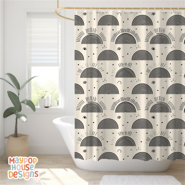 Rideaux De Douche Retro Mid-Century Moderne Orange Noir Abstrait (mid century modern shower curtain bathroom decor)