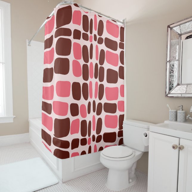 Rideaux De Douche Retro Mod Pink & Chocolate Geometric (En situation)