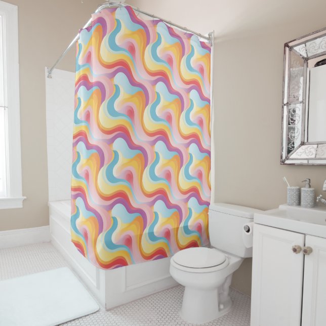 Rideaux De Douche Rétro Revival Abstrait Boho Rainbow Wave (En situation)