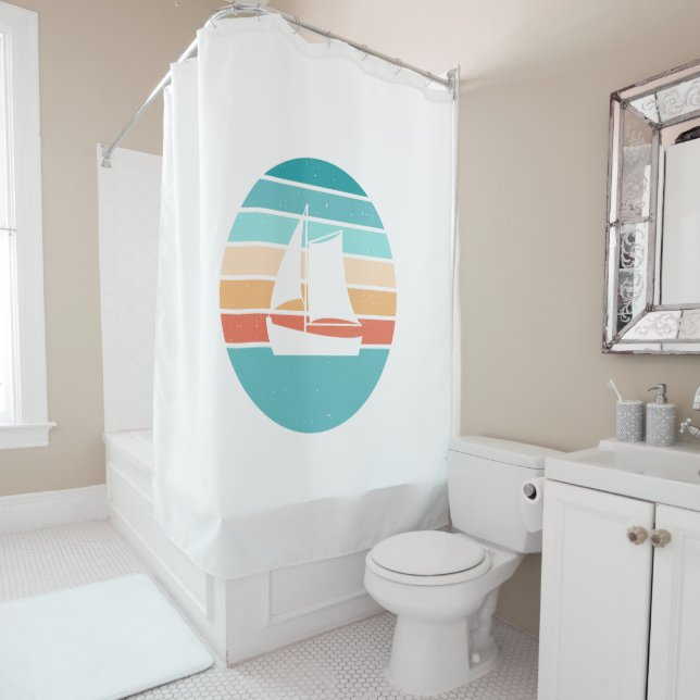 Rideaux De Douche Retro Sunset Effet Perdu + Voilier (En situation)