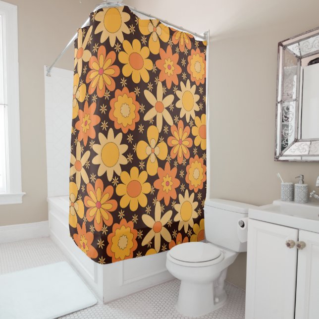 Rideaux De Douche Retro Super motif floral jaune et orange (En situation)