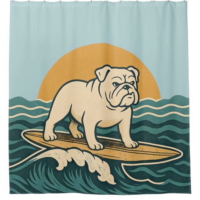Rideaux De Douche Retro Surfer Bulldog - Blue Coastal Surfing Dog (Devant)