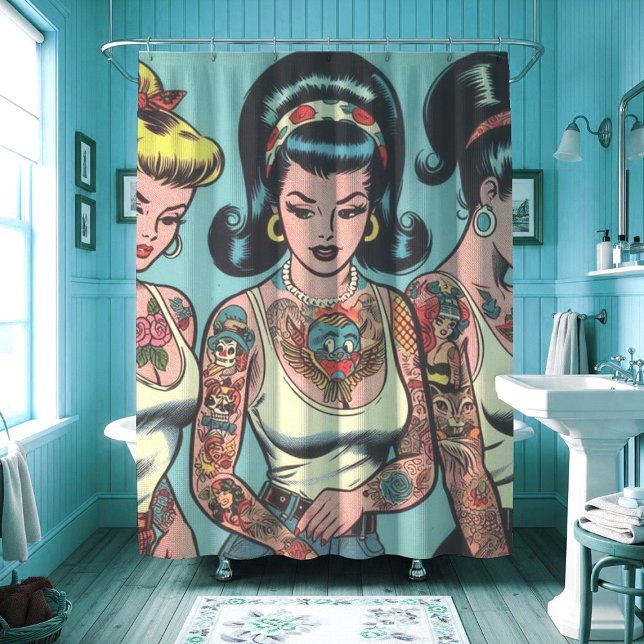 Rideaux De Douche Retro Tattoo Girls Comics (Créateur téléchargé)