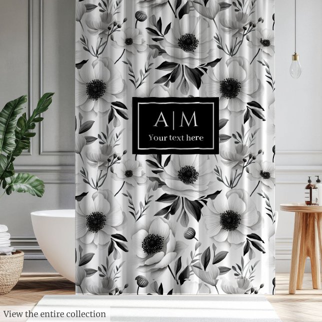 Rideaux De Douche Ride grise moderne avec fleurs et nom personnalisé (Modern grey hues floral curtain with custom name)