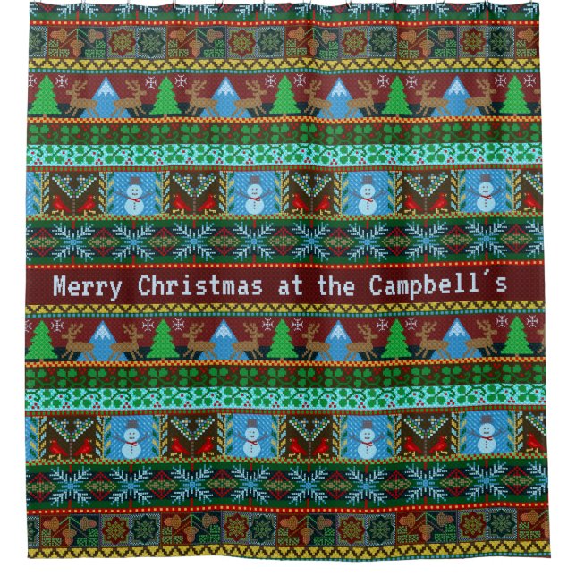 Rideaux De Douche Rindeer des neiges de Noël | Nom de famille (Devant)