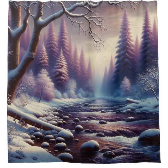 Rideaux De Douche "Rivière neige dans la forêt d'hiver de Lavender" (Devant)