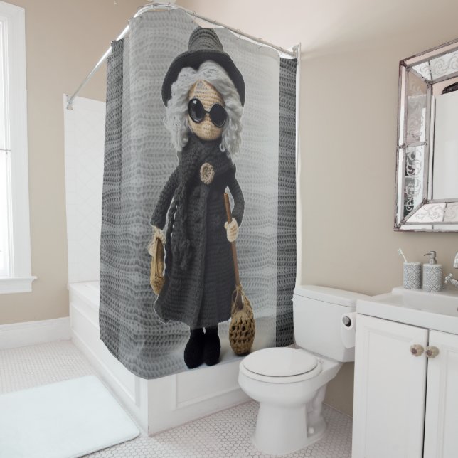 Rideaux De Douche Robe noire de femme Crochet et sac brun casquette (En situation)