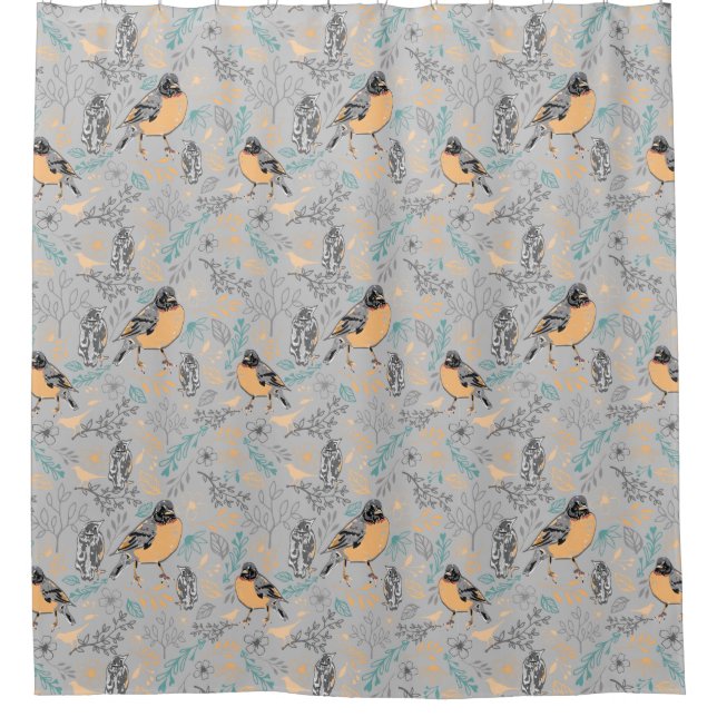 Rideaux De Douche Robin Bird Mama et bébé Été Brood Avec Fleurs (Devant)