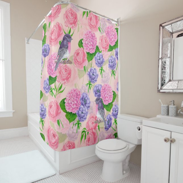 Rideaux De Douche Robin et fleurs, motif aquarelle (En situation)