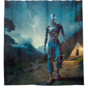 Rideaux De Douche Robot futuriste dans un paysage ancien