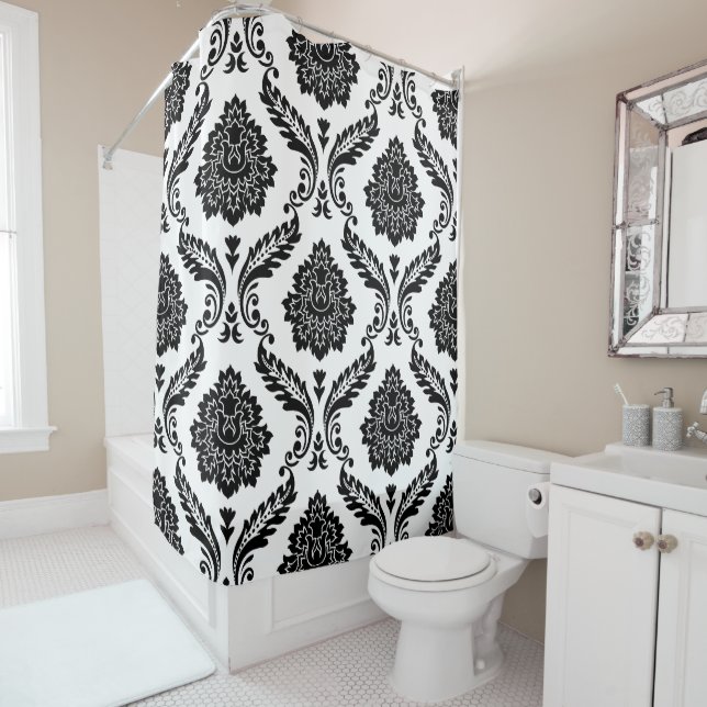 Rideaux De Douche Rococo Damask grand motif Noir sur Blanc (En situation)