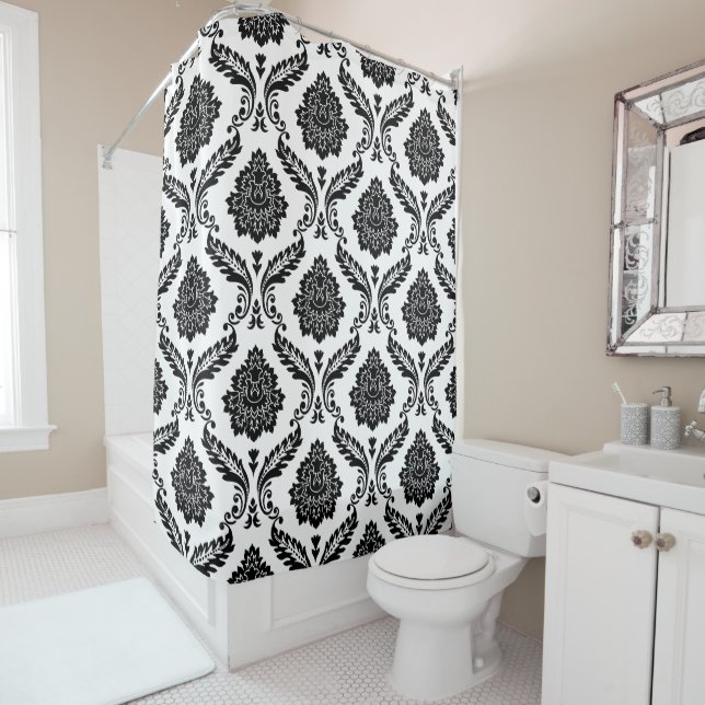 Rideaux De Douche Rococo Damask Pattern Black on White (En situation)