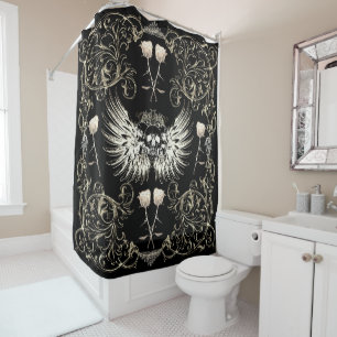 Rideaux De Douche Romance gothique victorien crâne ailes et roses bl