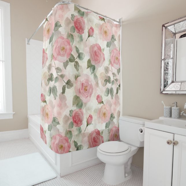 Rideaux De Douche Romantic Blush Pink Roses Floral  (En situation)