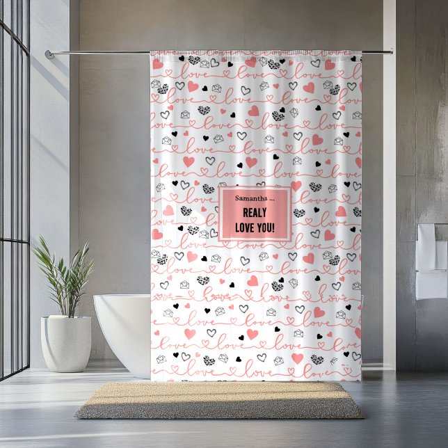 Rideaux De Douche Romantic Newlywed Shower Curtain Pink Black Hearts (Romantic Newlywed Shower Curtain Pink Black Hearts)