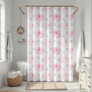 Rideaux De Douche Romantic Pink Watercolor Pastel Roses With Stripes