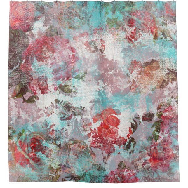 Rideaux De Douche Romantique Chic rose Floral Turquoise Aquarelle Mo (Devant)
