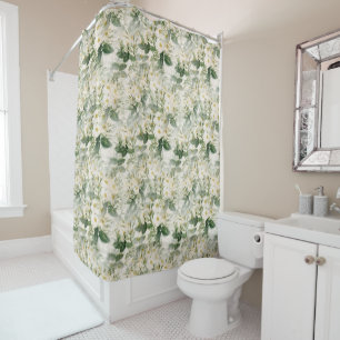 Rideaux De Douche Romantique Fleurs blanches douces et Feuilles vert