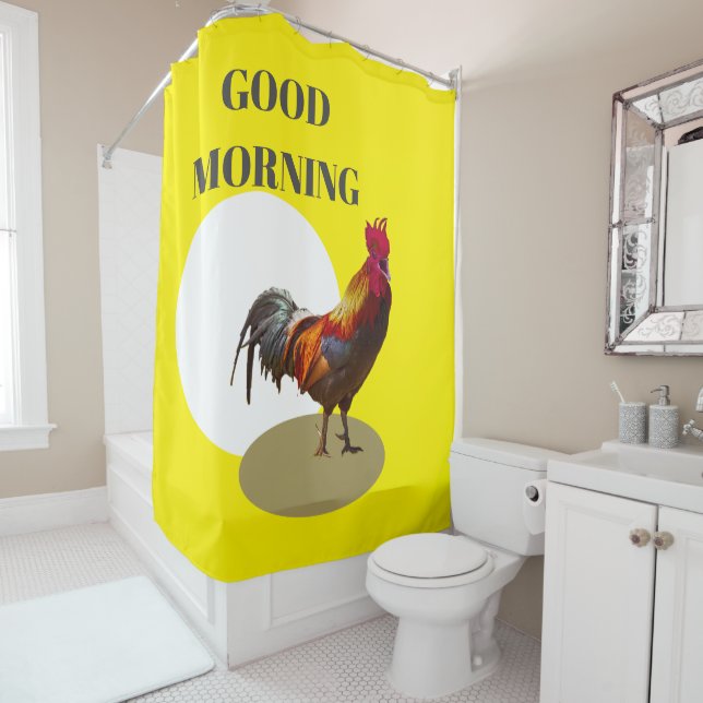 Rideaux De Douche Rooster Fun Poulet Bon Matin Jaune (En situation)
