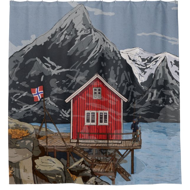 Rideaux De Douche Rorbu Lofoten Bergen Norvège Illustration du paysa (Devant)