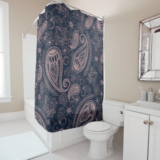 Rideaux De Douche Rose bleu classique Parties scintillant or Paisley (En situation)