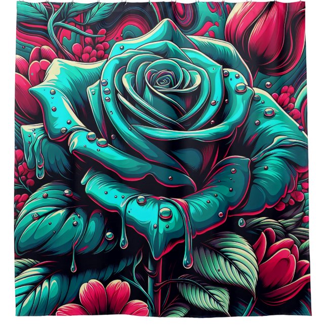 Rideaux De Douche "Rose bleu stylisé avec Raindrops" (Devant)