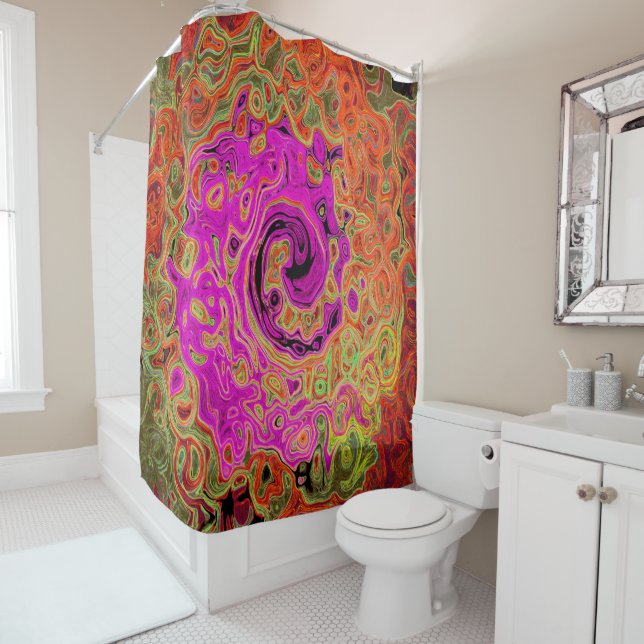 Rideaux De Douche Rose Chaud Abstrait Rétro Tourbillon Liquide (En situation)