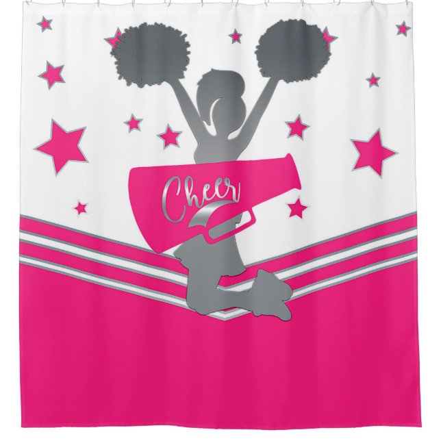 Rideaux De Douche Rose Chaud Blanc Étoiles Argent Cheer Cheer-leadin (Devant)