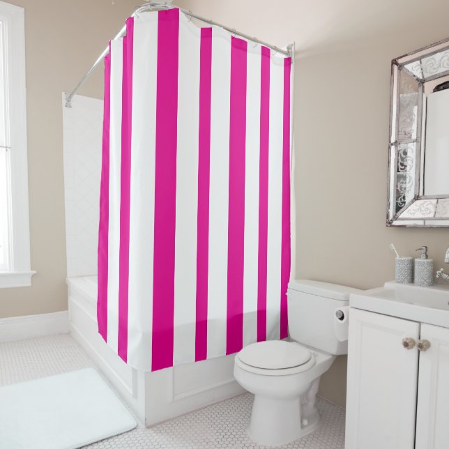Rideaux De Douche Rose Chaud Clair Blanc Rayures d'Été (En situation)