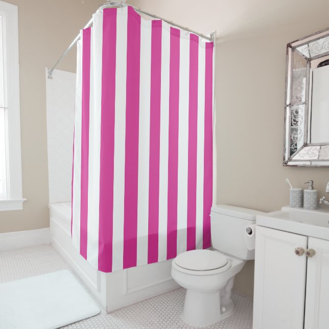 Rideaux De Douche Rose Chaud et Rayures Blanches (En situation)