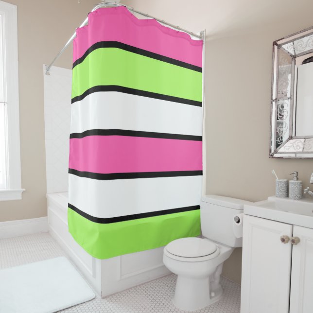 Rideaux De Douche Rose chaud, vert citron, noir et blanc rayures (En situation)
