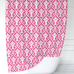 Rideaux De Douche Rose Chaude et Damassé Blanc