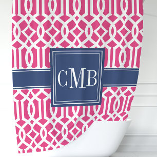 Rideaux De Douche Rose Chaude et Treillis Marocain Monogramme Navy