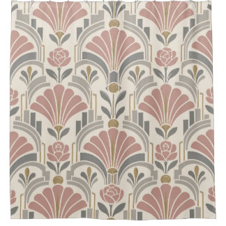 Rideaux De Douche Rose, Crème et Gris Art Déco Floral