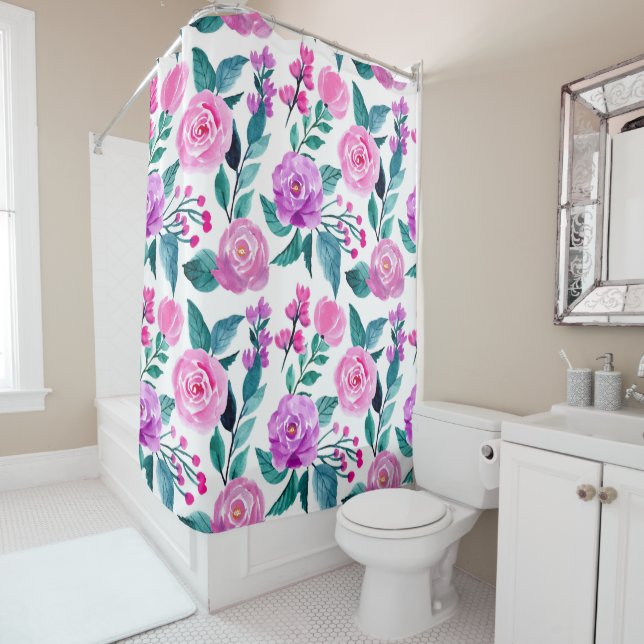 Rideaux De Douche Rose d'aquarelle rose et violet (En situation)