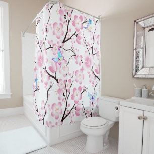 Rideaux De Douche rose élégant iridescent de papillons de fleurs d