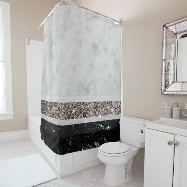 Rideaux De Douche Rose en marbre blanc et noir Parties scintillant e (En situation)