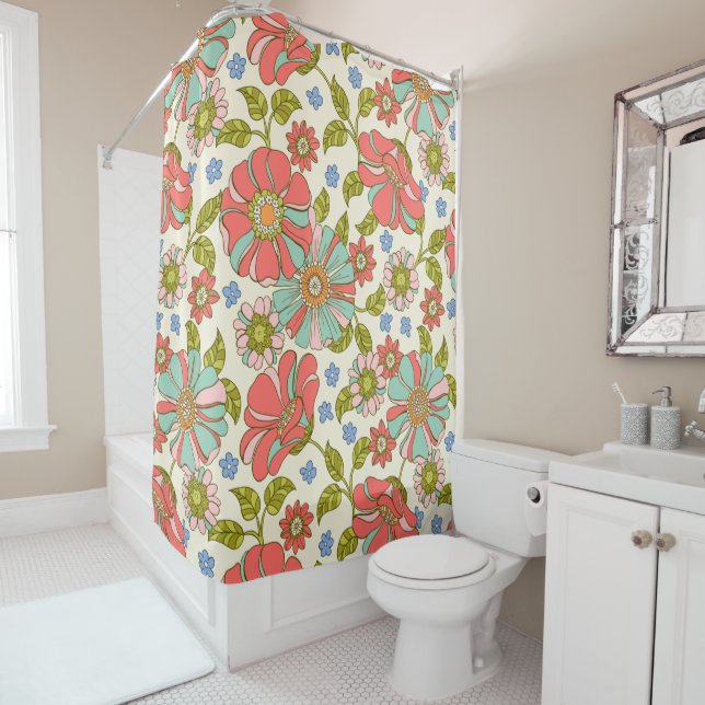 Rideaux De Douche Rose et Turquoise 70's Floral Retro (En situation)