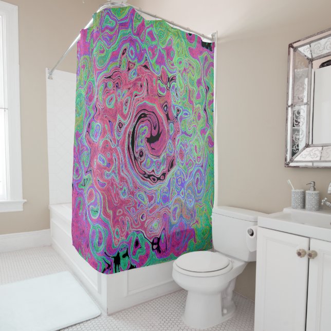 Rideaux De Douche Rose et vert citron tourbillonnant abstrait rétro  (En situation)