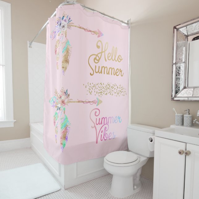 Rideaux De Douche Rose Féminin Rose Et Or Boho Plume Bonjour Été (En situation)