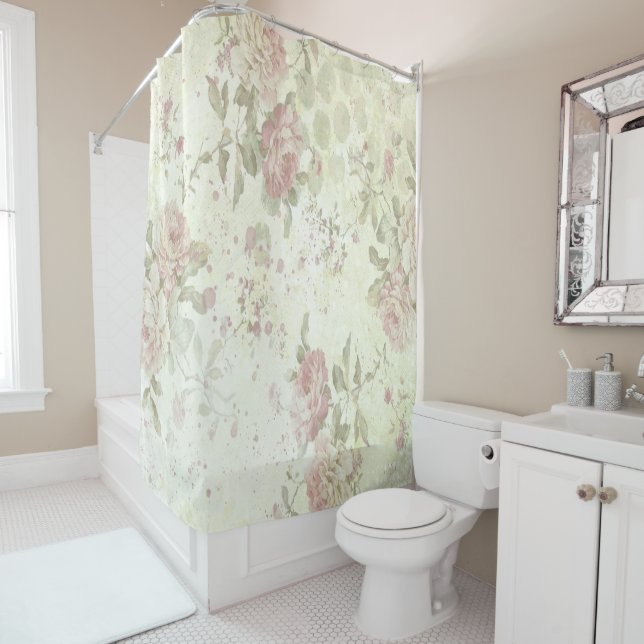 Rideaux De Douche Rose Florale Rose Chic Usé (En situation)