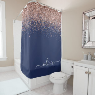 Rideaux De Douche Rose Gold Bleu Marine Pailleté Monogramme Rose Fon
