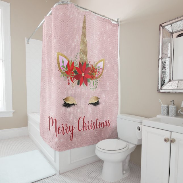 Rideaux De Douche Rose Gold - Blush Pink Joyeux Noël Unicorne (En situation)