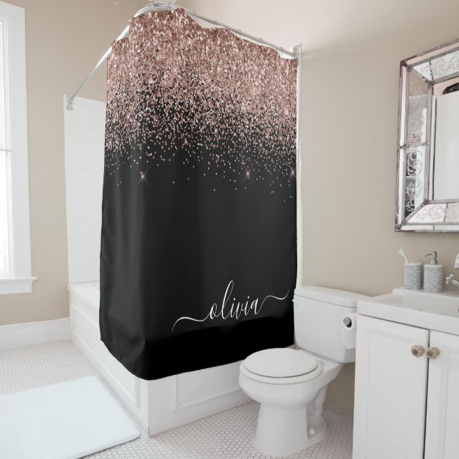 Rideaux De Douche Rose Gold Blush Pink Paillettes Monogramme Fille N (En situation)