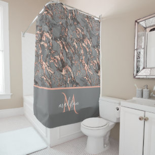 Rideaux De Douche Rose Gold et Marbre Gris Monogramme Luxe