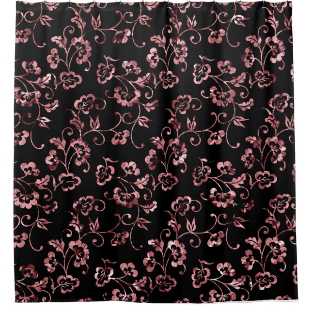 Rideaux De Douche Rose Gold Floral sur noir (Devant)
